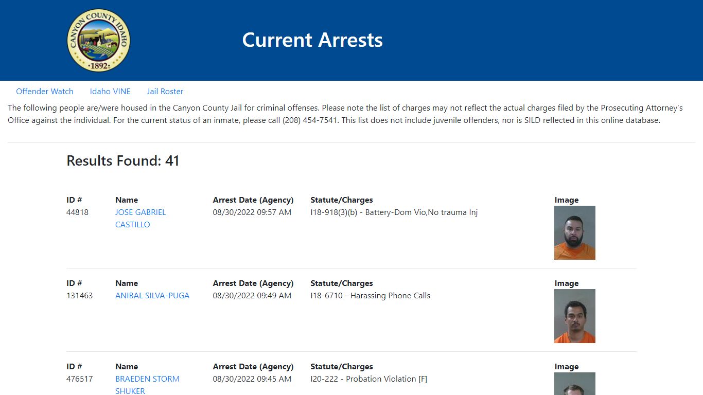 Current Arrests - Canyon County, Idaho