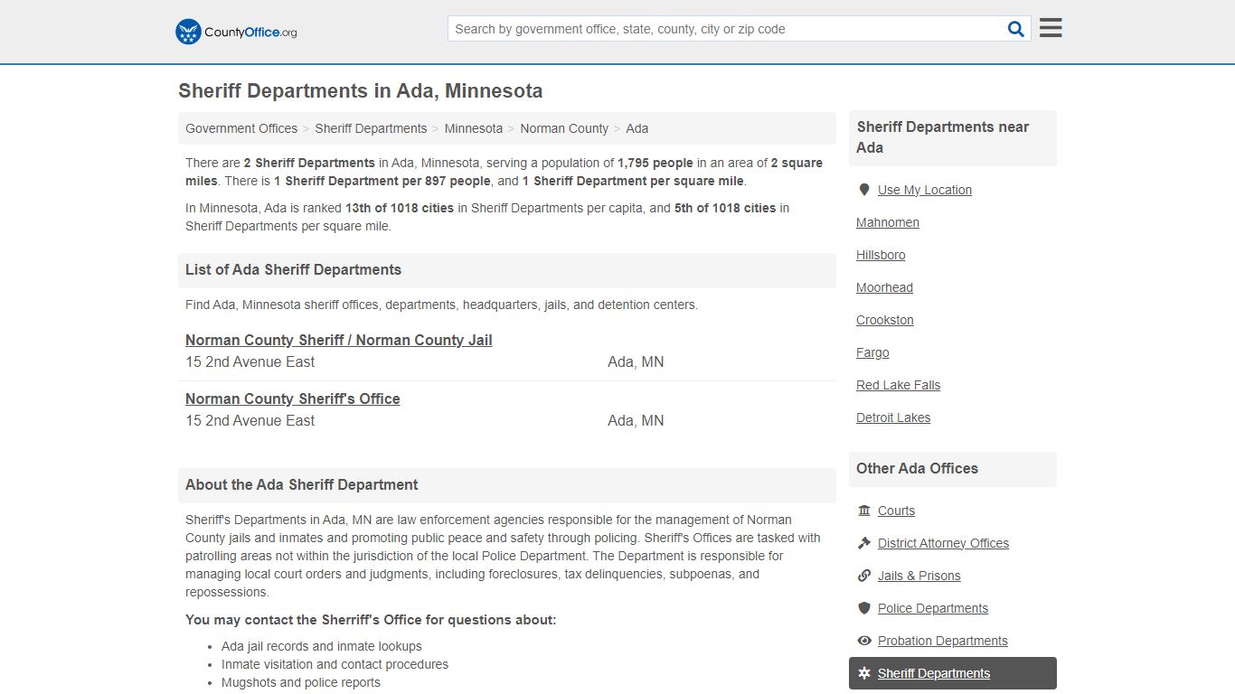 Sheriff Departments - Ada, MN (Arrests, Jails & Auctions) - County Office